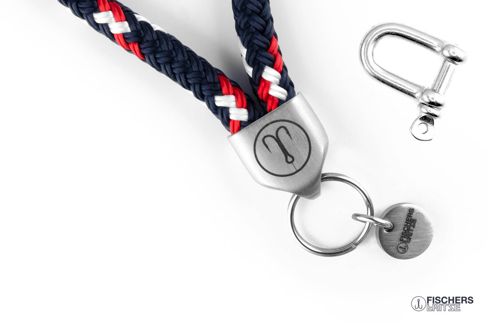 Fischers Fritze Segeltau Keychain Dicker Hering marineblau rot weiss mit Schluesselring und Angelhaken Gravur