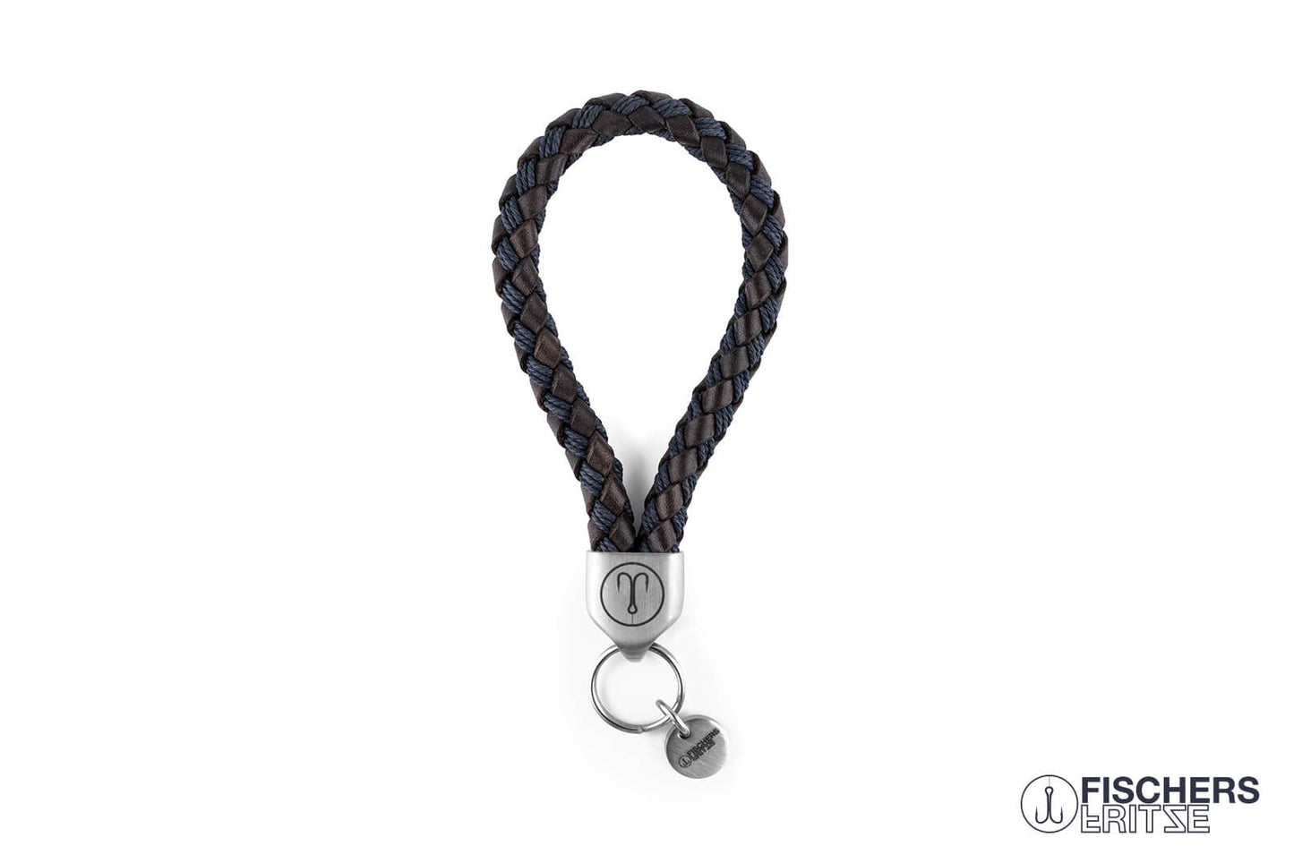 fischers fritzer keychain dicker hering segeltau baumwolle leder geflochten braun marineblau edelstahl maritim