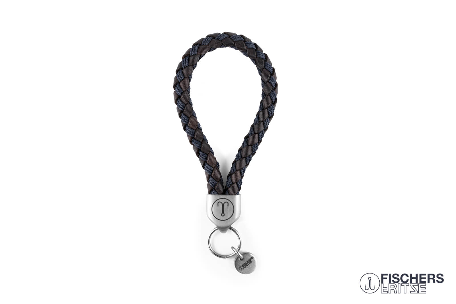 fischers fritzer keychain dicker hering segeltau baumwolle leder geflochten braun marineblau edelstahl maritim